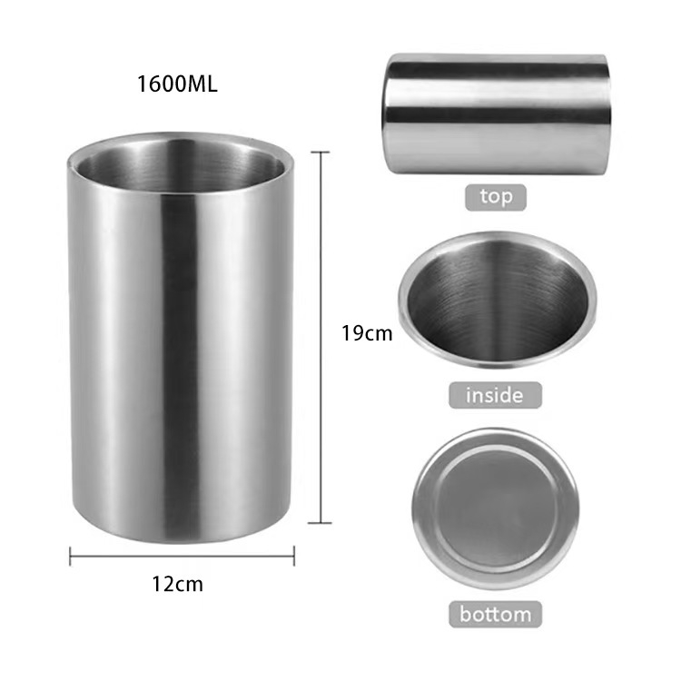 Gamykloje tiekiamas nerūdijančio plieno dvigubas ledo kibirėlis, tiesus ledo kibirėlis, 1,6 l ledo, vyno kibirėlis, alaus kibirėlis, dvigubas nerūdijančio plieno