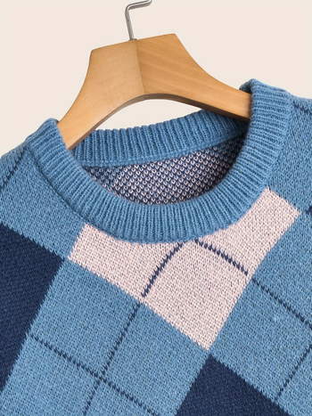 Мъжки ежедневен плетен пуловер с дълъг ръкав и ромб, контрастен цвят, есенен и зимен, с кръгло деколте