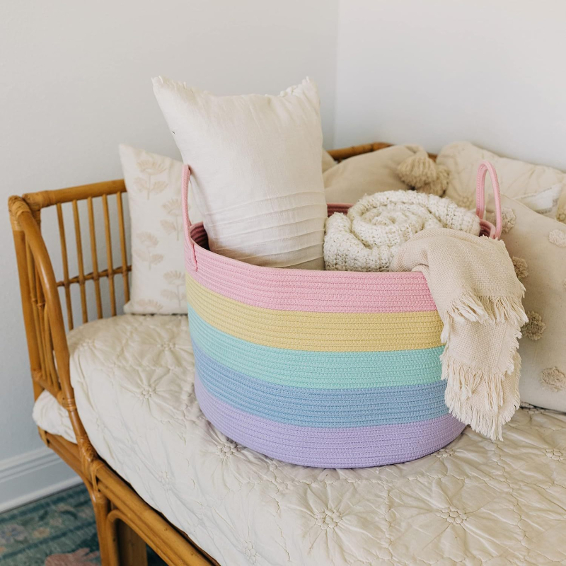 Szivárványos egyszerű nagy kapacitású pamut kötél tároló kosár piszkos ruha kosár asztali tároló kosár illesztett színű friss hálószoba tároló