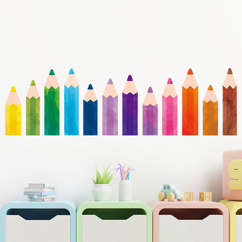αυτοκόλλητα τοίχου σχολικής σεζόν με κραγιόνι, μολύβι ακουαρέλας, παιδικό δωμάτιο, τάξη, νηπιαγωγείο, αυτοκόλλητα τοίχου από pvc