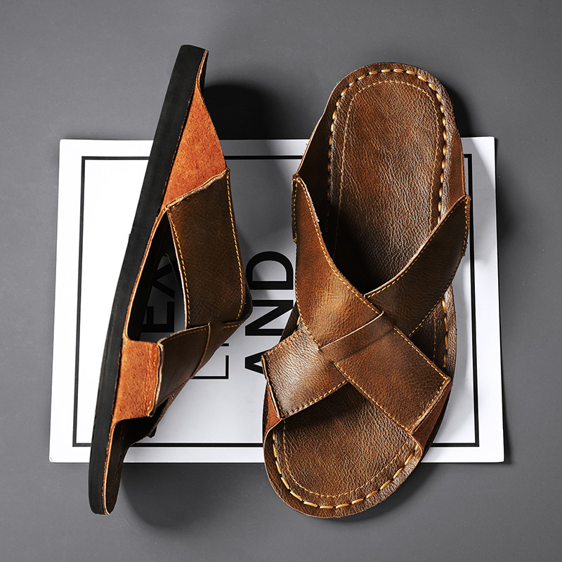 Nyári új Amazon élő közvetítésű, nagy méretű, férfi kültéri, valódi bőrből készült, lélegző, egylábas strandpapucs.