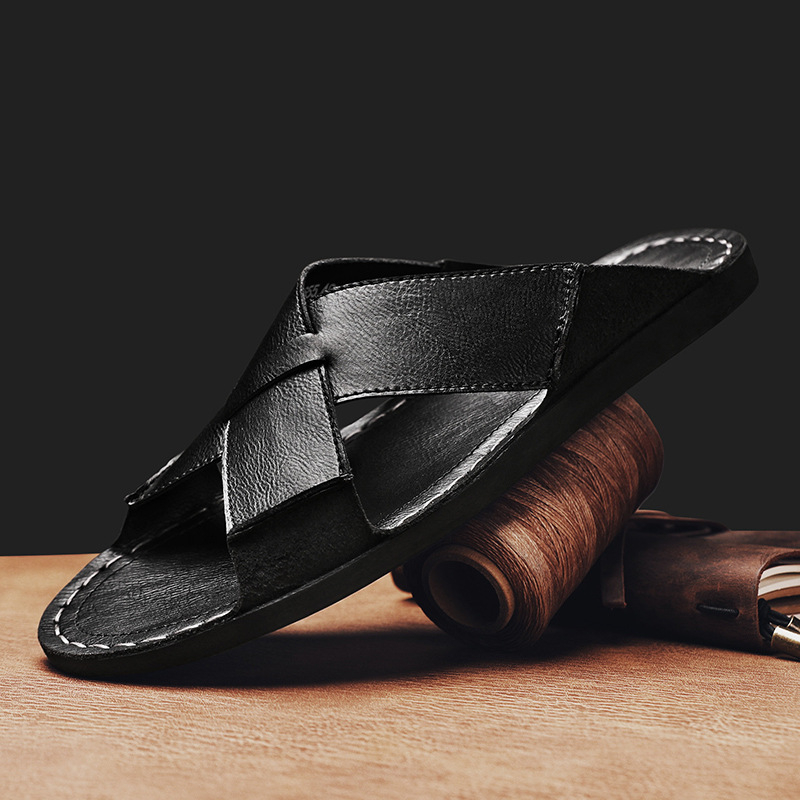 Nyári új Amazon élő közvetítésű, nagy méretű, férfi kültéri, valódi bőrből készült, lélegző, egylábas strandpapucs.