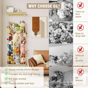 Plüssállat-tároló, fa sarok, plüssjáték-tároló állvány csillagmintával, állítható hosszúságú, függő tárolóállvány