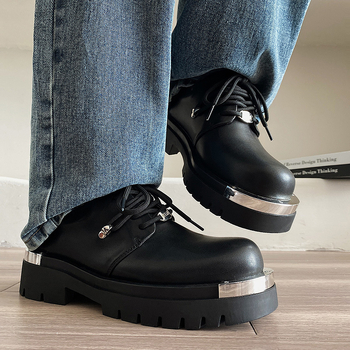 Δύο ρομαντικά σημεία 2023 Νέα παπούτσια βρετανικού τύπου με χοντρό πάτο, casual δερμάτινα παπούτσια, κορεάτικου στιλ, με αυξανόμενο ύψος, μεταλλικά παπούτσια Derby με μεγάλο δάχτυλο για άνδρες