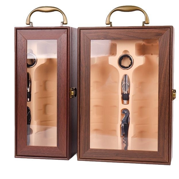 Új ablakos átlátszó vörösboros dupla díszdoboz 2 üveg boros csomagolódoboz két vörösboros fadoboz