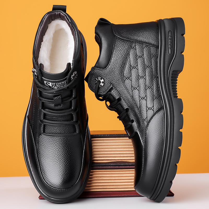 Pantofi de damă din piele de vacă cu strat superior, din bumbac, căptușiți cu fleece, îngroșați, casual, din piele naturală, antiderapanți, pantofi din piele caldă de vârstă mijlocie