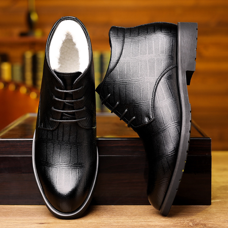 Pamutcipők Férfi téli polár bélésű üzleti ruha hótaposó brit stílusú hétköznapi vastagított meleg magas szárú fűzős pamut bőrcipő