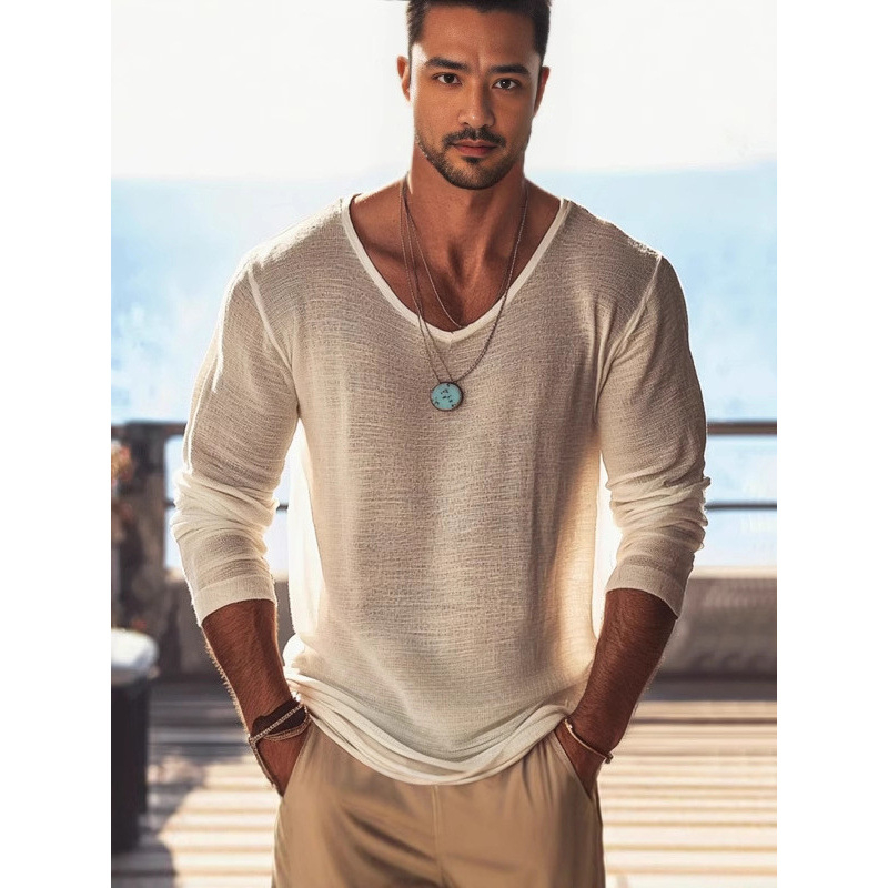 Új, új, európai és amerikai, nagy méretű, egyszínű, vékony, lélegző, hosszú ujjú férfi póló