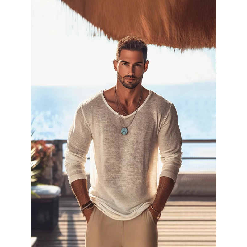 Új, új, európai és amerikai, nagy méretű, egyszínű, vékony, lélegző, hosszú ujjú férfi póló