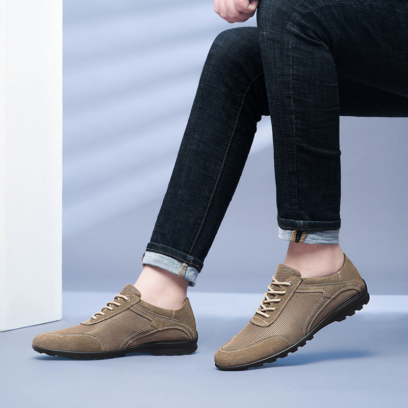 Férfi alkalmi cipő, hálós, fűzős, kültéri, alkalmi, munkáscipő, kerek orrú, sekély szájú, mindennapi munkáscipő