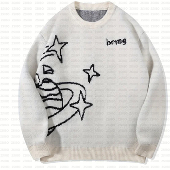 Ins Vintage Laza Kényelmes High Street Rajzfilm Jacquard Y2K Varrásos Kereknyakú Laza Felső Kötött Pulóver