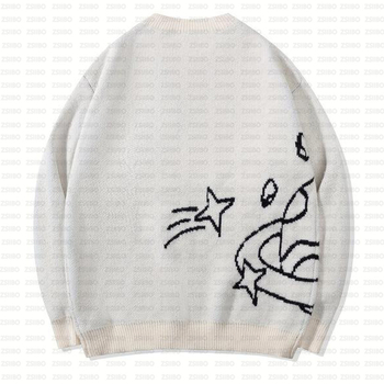 Ins Vintage Laza Kényelmes High Street Rajzfilm Jacquard Y2K Varrásos Kereknyakú Laza Felső Kötött Pulóver