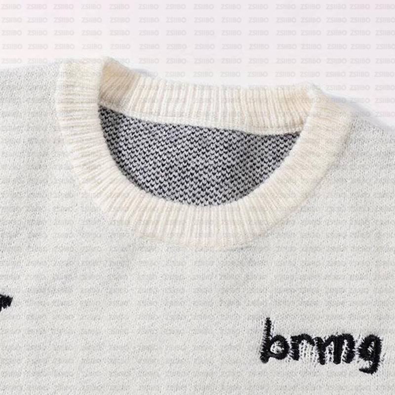 Ins Vintage Laza Kényelmes High Street Rajzfilm Jacquard Y2K Varrásos Kereknyakú Laza Felső Kötött Pulóver