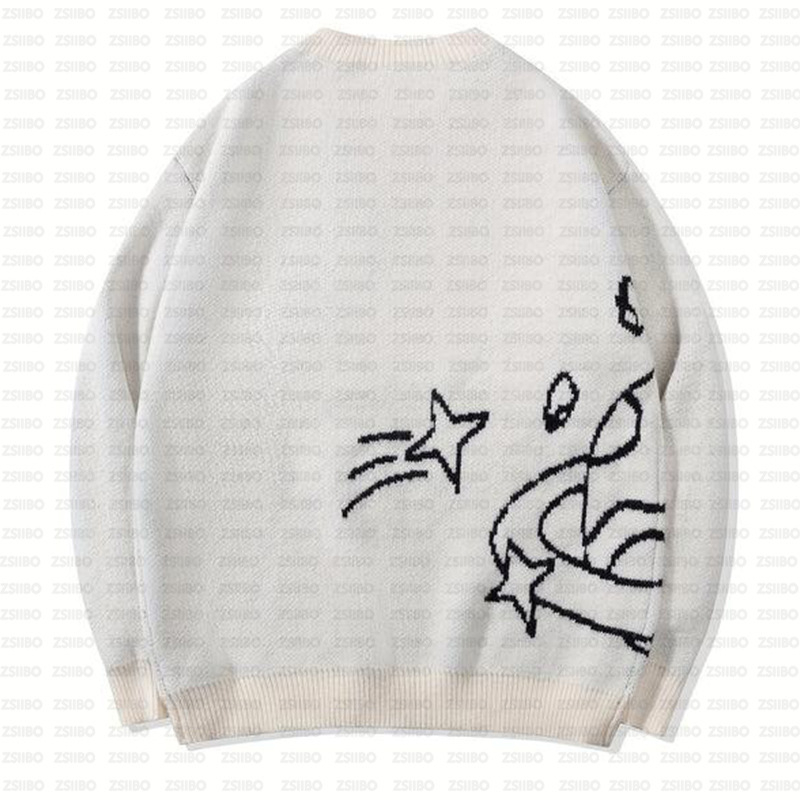 Ins Vintage Laza Kényelmes High Street Rajzfilm Jacquard Y2K Varrásos Kereknyakú Laza Felső Kötött Pulóver