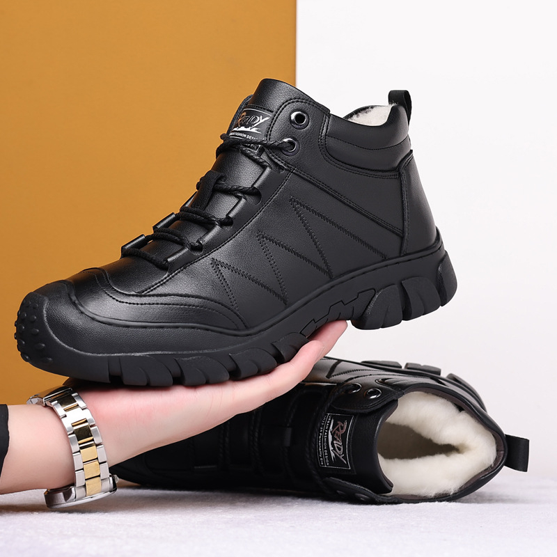 Gyapjú pamut csizma, téli férfi pamutcipő, gyapjúval bélelt, meleg, magas szárú, vastag pamutcipő, csúszásgátló hótaposó, bőr csizma, férfi