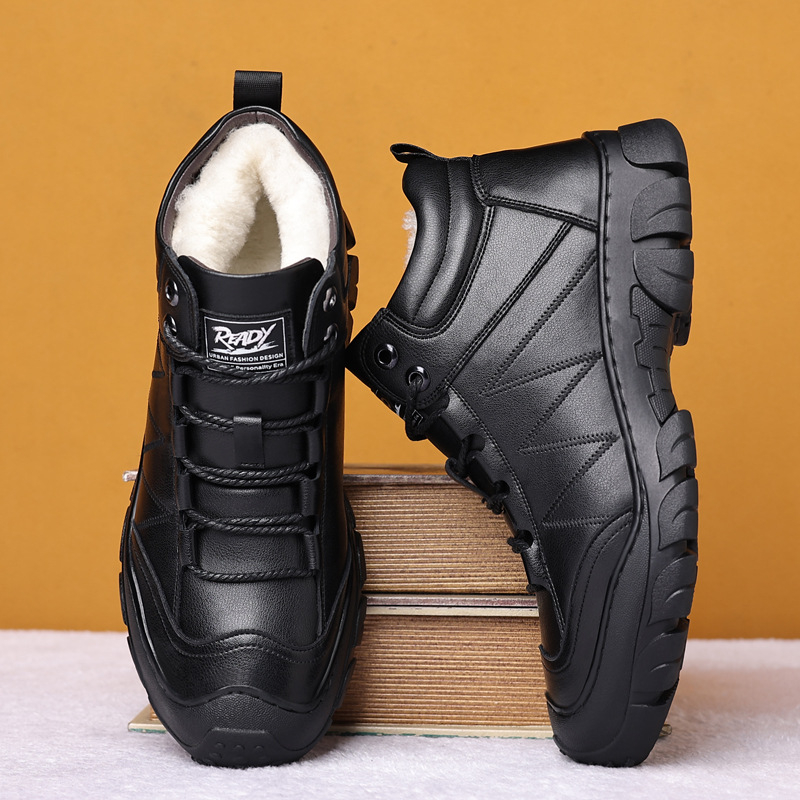 Gyapjú pamut csizma, téli férfi pamutcipő, gyapjúval bélelt, meleg, magas szárú, vastag pamutcipő, csúszásgátló hótaposó, bőr csizma, férfi