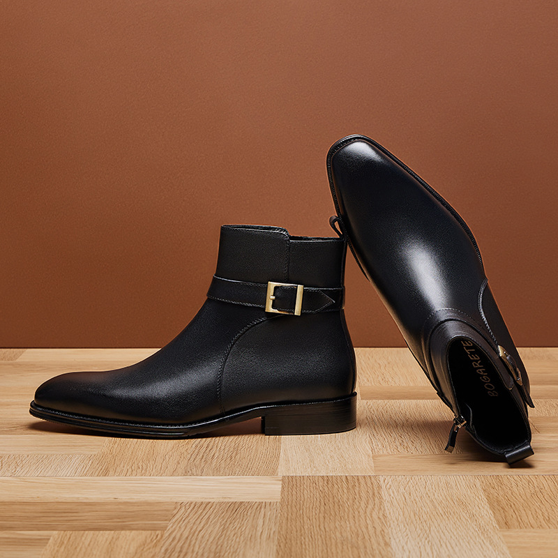 Vyriški britiško stiliaus viršutinio sluoksnio aulinukai iš jaučio odos, smailūs, aukštakulniai „Chelsea“ tipo, su sagtimi, universalūs aulinukai iš Martino stiliaus