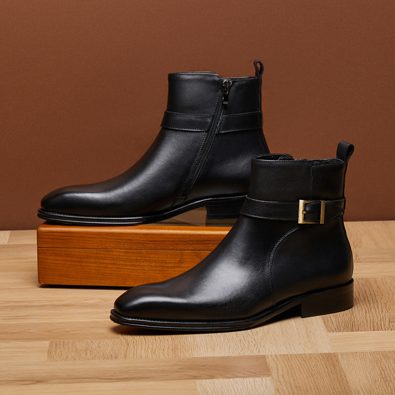 Vyriški britiško stiliaus viršutinio sluoksnio aulinukai iš jaučio odos, smailūs, aukštakulniai „Chelsea“ tipo, su sagtimi, universalūs aulinukai iš Martino stiliaus