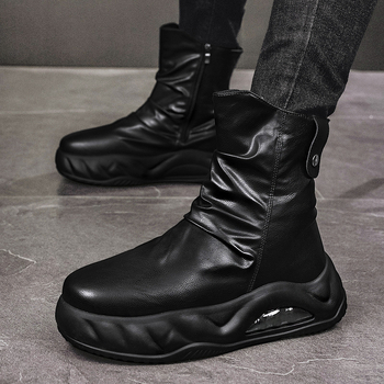 Rudens nauji madingi odiniai aukštakulniai riterių batai lauko sportui storu dugnu, padidintu šoniniu užtrauktuku, motociklų vyriški batai