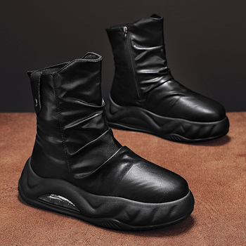 Rudens nauji madingi odiniai aukštakulniai riterių batai lauko sportui storu dugnu, padidintu šoniniu užtrauktuku, motociklų vyriški batai