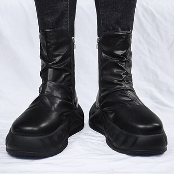 Rudens nauji madingi odiniai aukštakulniai riterių batai lauko sportui storu dugnu, padidintu šoniniu užtrauktuku, motociklų vyriški batai