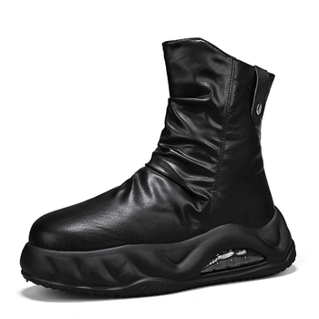 Rudens nauji madingi odiniai aukštakulniai riterių batai lauko sportui storu dugnu, padidintu šoniniu užtrauktuku, motociklų vyriški batai