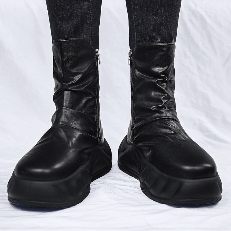 Rudens nauji madingi odiniai aukštakulniai riterių batai lauko sportui storu dugnu, padidintu šoniniu užtrauktuku, motociklų vyriški batai