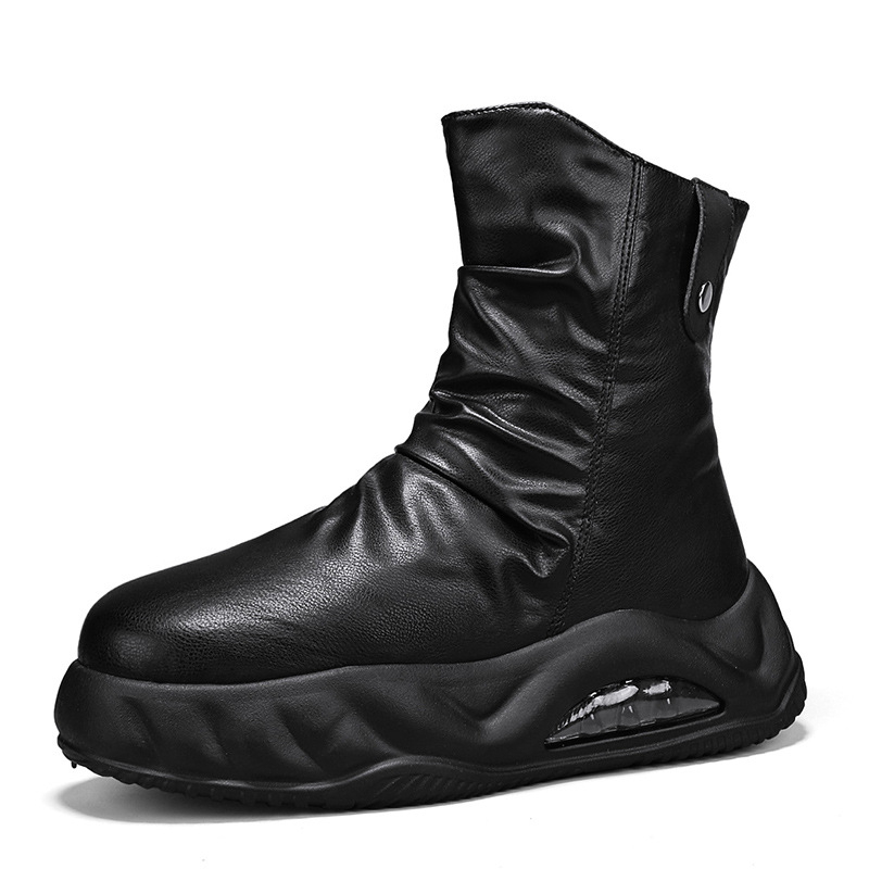 Rudens nauji madingi odiniai aukštakulniai riterių batai lauko sportui storu dugnu, padidintu šoniniu užtrauktuku, motociklų vyriški batai