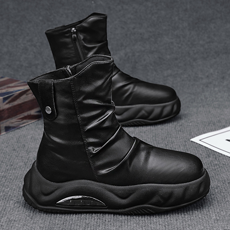 Rudens nauji madingi odiniai aukštakulniai riterių batai lauko sportui storu dugnu, padidintu šoniniu užtrauktuku, motociklų vyriški batai