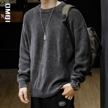 Téli, iparilag mosott, amerikai stílusú, retró, 8-as vastag tűs, fekete, kerek nyakú férfi pulóver, plus size, műtrágyamentes pulóver