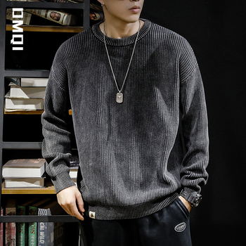Зимен, тежко промишлен, измит, американски стил, ретро, 8 дебели игли, черен, с кръгло деколте, мъжки, широк, plus size, plus Fertilizer пуловер