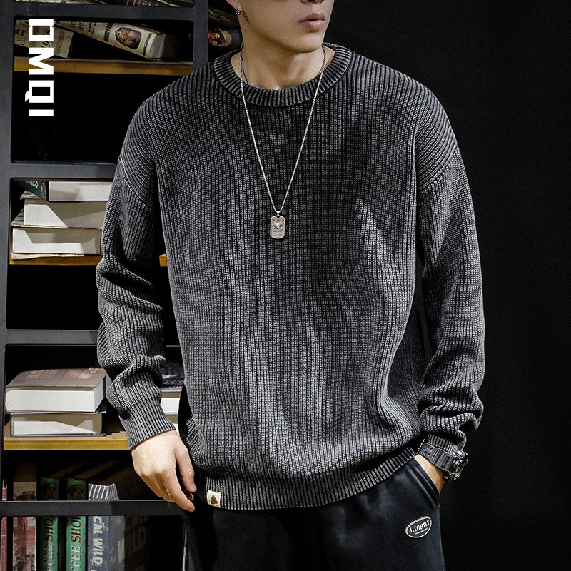 Téli, iparilag mosott, amerikai stílusú, retró, 8-as vastag tűs, fekete, kerek nyakú férfi pulóver, plus size, műtrágyamentes pulóver