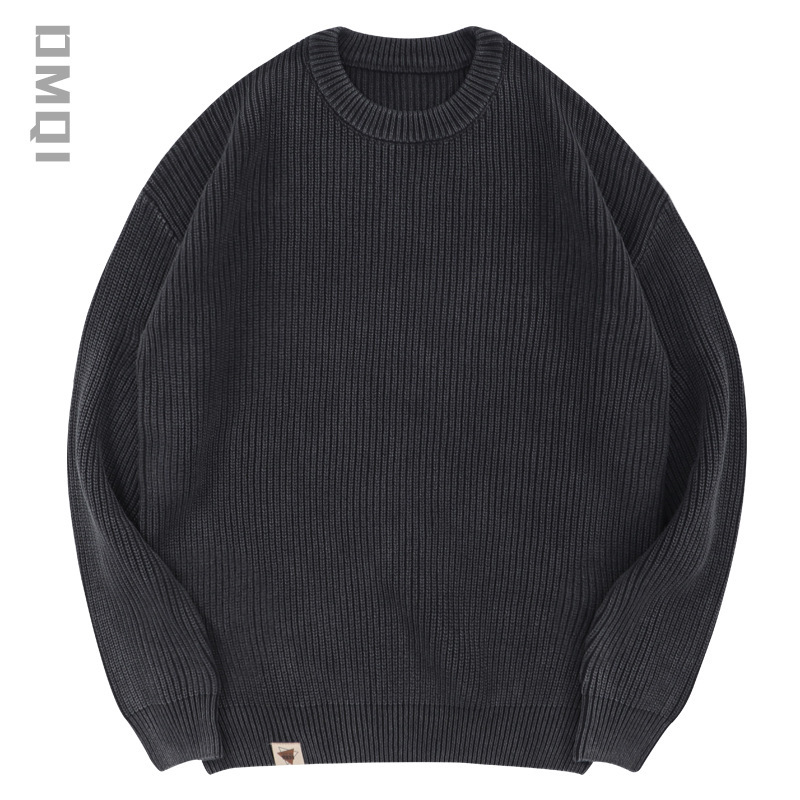 Téli, iparilag mosott, amerikai stílusú, retró, 8-as vastag tűs, fekete, kerek nyakú férfi pulóver, plus size, műtrágyamentes pulóver