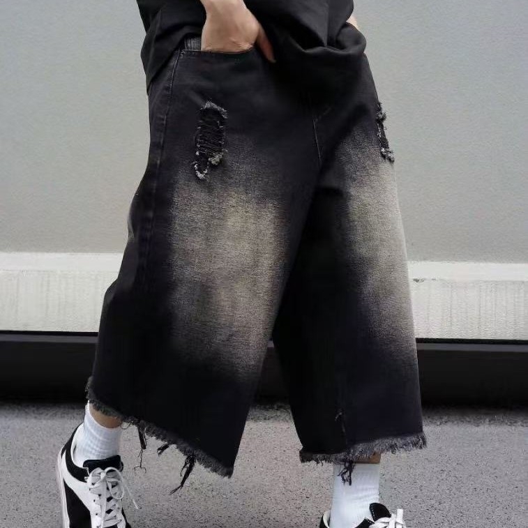 Nyári új vékony nadrág férfi laza dizájn farmer divatos márka széles szárú amerikai retró ötnegyedes nadrág lezser középhosszú nadrág