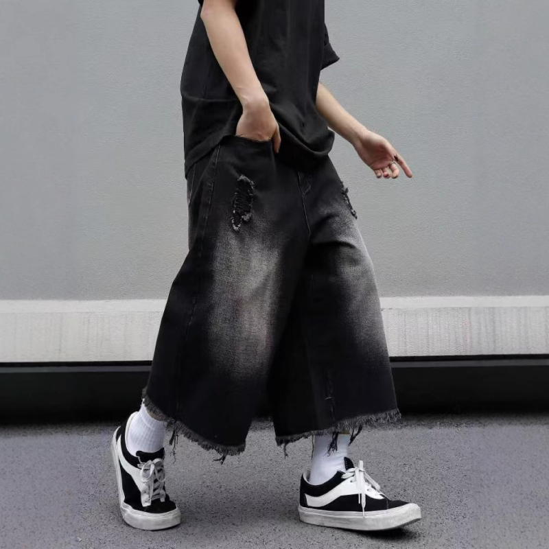 Suvised uued õhukesed püksid meestele, lahtise disainiga teksad, trendikad, brändi laiad jalad, Ameerika retro viieveerandpüksid, vabaaja poolpüksid