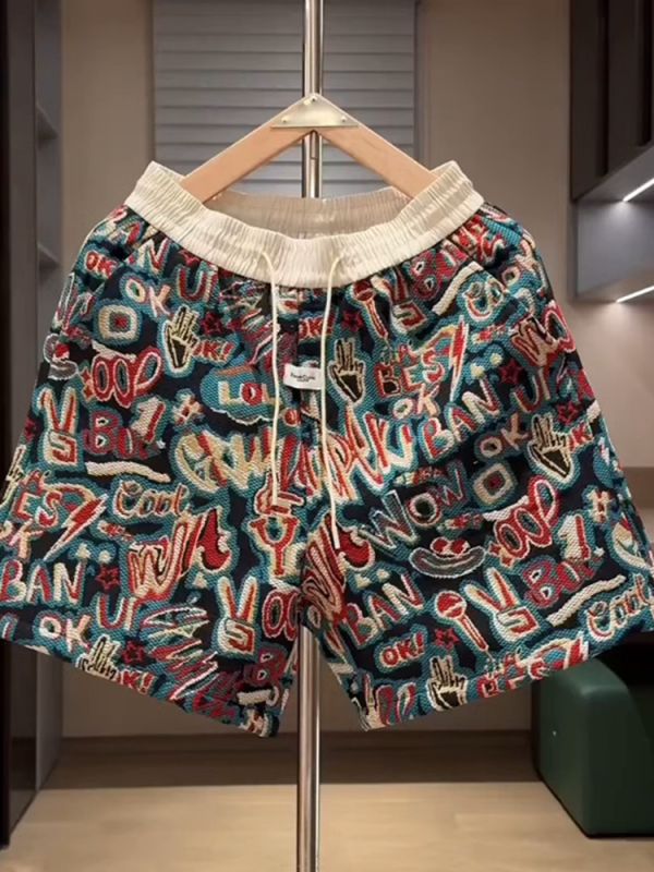 Vara fire vopsite jacquard alfabet graffiti pantaloni scurți bărbați la modă la modă frumos pantaloni de plajă all-match pentru bărbați