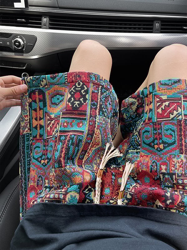 Pantaloni scurți țesute în stil etnic retro pentru bărbați, de vară 2025, cu cinci puncte, M-5Xl, dintr-o bucată, în stoc