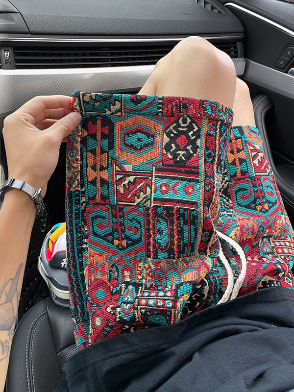 Pantaloni scurți țesute în stil etnic retro pentru bărbați, de vară 2025, cu cinci puncte, M-5Xl, dintr-o bucată, în stoc