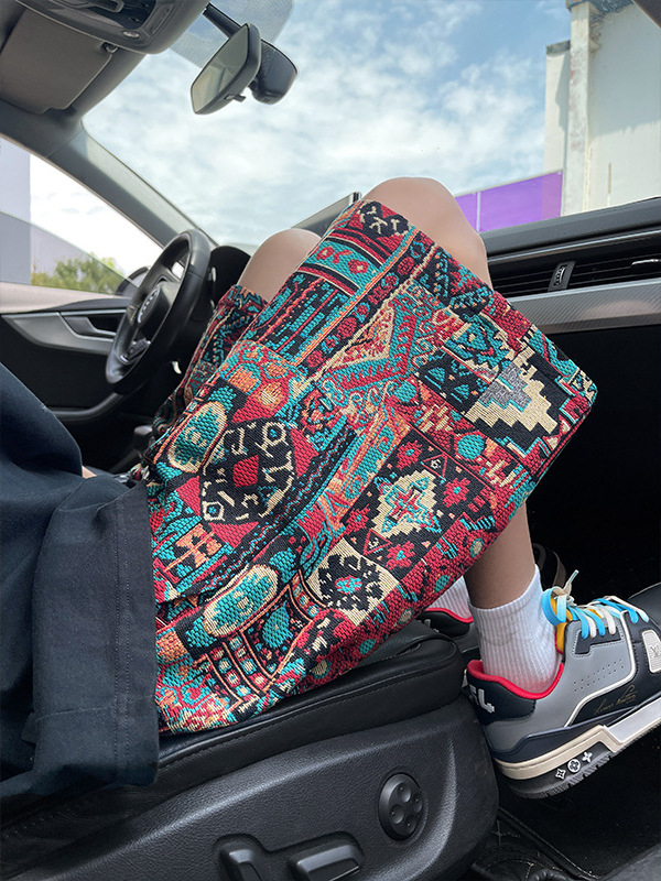 Pantaloni scurți țesute în stil etnic retro pentru bărbați, de vară 2025, cu cinci puncte, M-5Xl, dintr-o bucată, în stoc