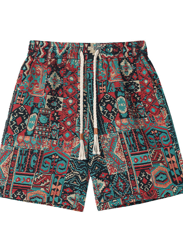 Pantaloni scurți țesute în stil etnic retro pentru bărbați, de vară 2025, cu cinci puncte, M-5Xl, dintr-o bucată, în stoc