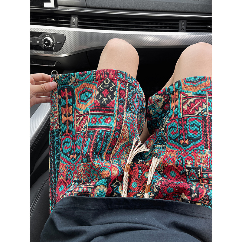 Pantaloni scurți țesute în stil etnic retro pentru bărbați, de vară 2025, cu cinci puncte, M-5Xl, dintr-o bucată, în stoc