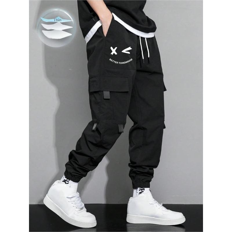 Croială regulată pentru bărbați, cu imprimeu cu litere, cu buzunar cu clapă și șnur în talie