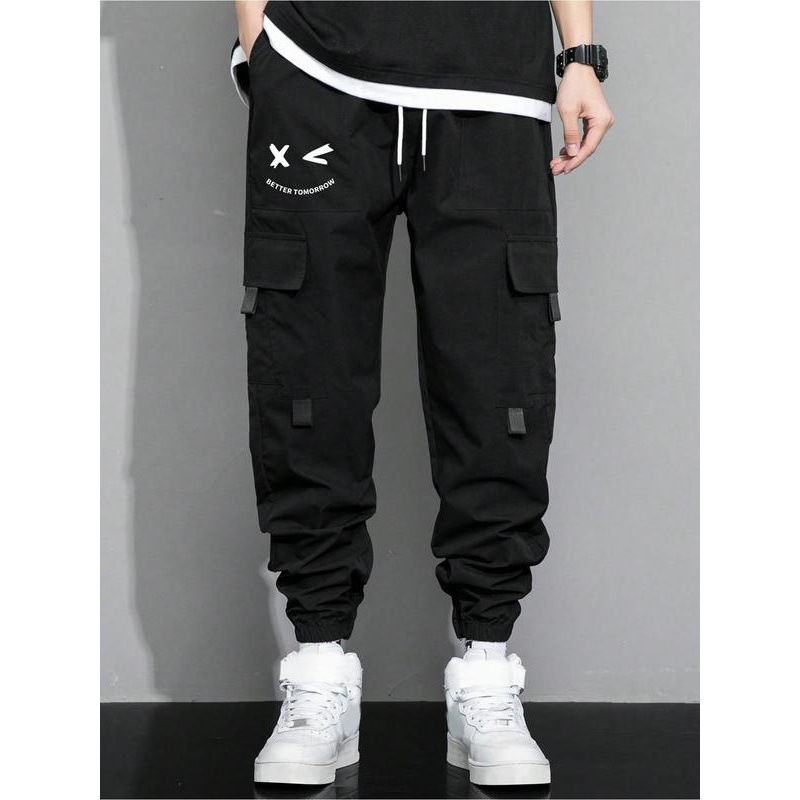 Croială regulată pentru bărbați, cu imprimeu cu litere, cu buzunar cu clapă și șnur în talie