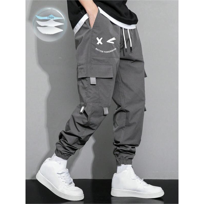 Croială regulată pentru bărbați, cu imprimeu cu litere, cu buzunar cu clapă și șnur în talie