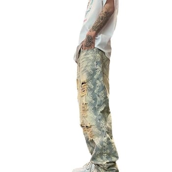 Vrhunske američke hip-hop modne marke pržene ulice, zgodan vez, žakard tinta, rupe za bojanje, široke ravne traper hlače