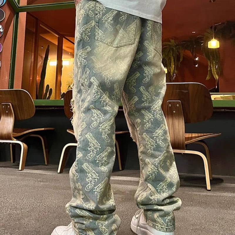 Vrhunske američke hip-hop modne marke pržene ulice, zgodan vez, žakard tinta, rupe za bojanje, široke ravne traper hlače