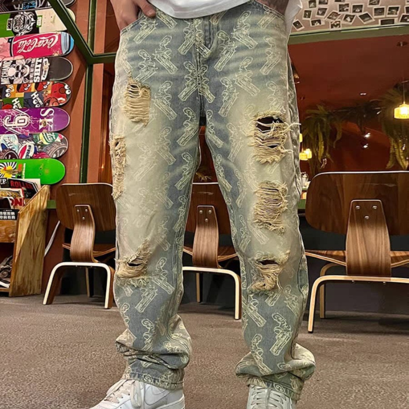 Vrhunske američke hip-hop modne marke pržene ulice, zgodan vez, žakard tinta, rupe za bojanje, široke ravne traper hlače