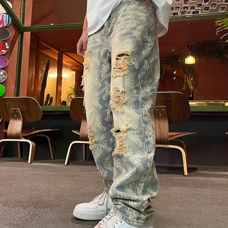 Vrhunske američke hip-hop modne marke pržene ulice, zgodan vez, žakard tinta, rupe za bojanje, široke ravne traper hlače