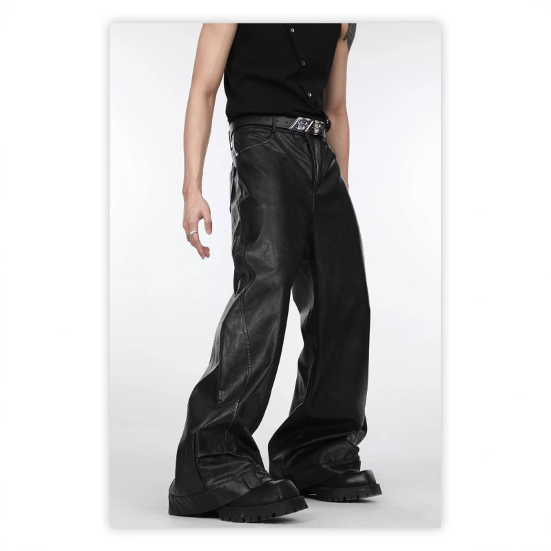 2025 Új, niche stílusú, dekonstruált, háromdimenziós fekete bőrnadrág férfiaknak, laza, egyenes szabású, hétköznapi hosszú nadrág, kopott, földig érő nadrág