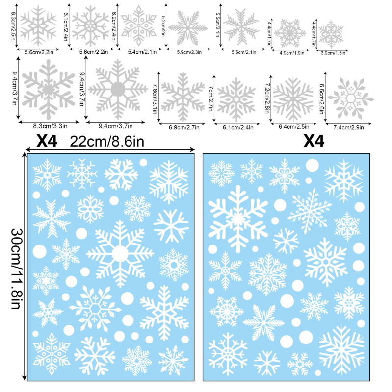 8 piiriülest jõulukleebist, pühadekaunistusi, lumehelveste elektrostaatilised kleebised, koduakna kleebised, lumehelveste kleebised